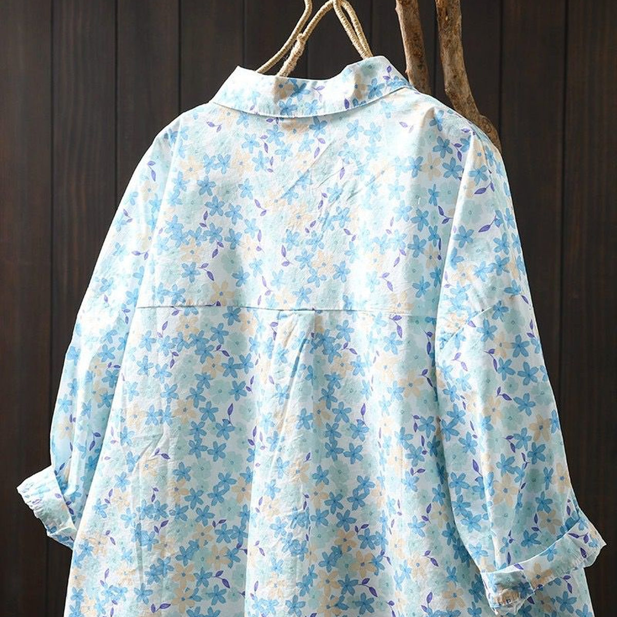 Blue Floral Print Pure Cotton Oversized Shirt for Women Loose Fit Boho Cotton Blouse