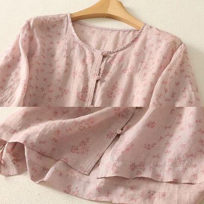 Women’s Pure Cotton Floral Print Shirt Short Sleeve Button-Front Casual Top