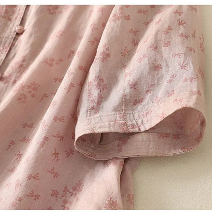 Women’s Pure Cotton Floral Print Shirt Short Sleeve Button-Front Casual Top