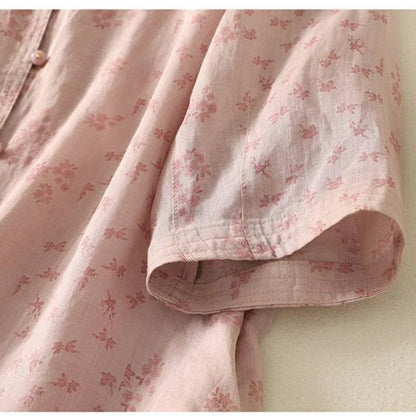 Women’s Pure Cotton Floral Print Shirt Short Sleeve Button-Front Casual Top