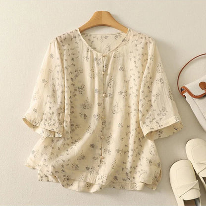 Women’s Pure Cotton Floral Print Shirt Short Sleeve Button-Front Casual Top