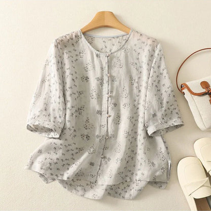 Women’s Pure Cotton Floral Print Shirt Short Sleeve Button-Front Casual Top