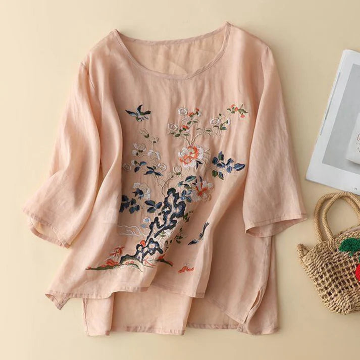Floral Embroidered Pure Cotton Tunic Stylish Casual Boho Top