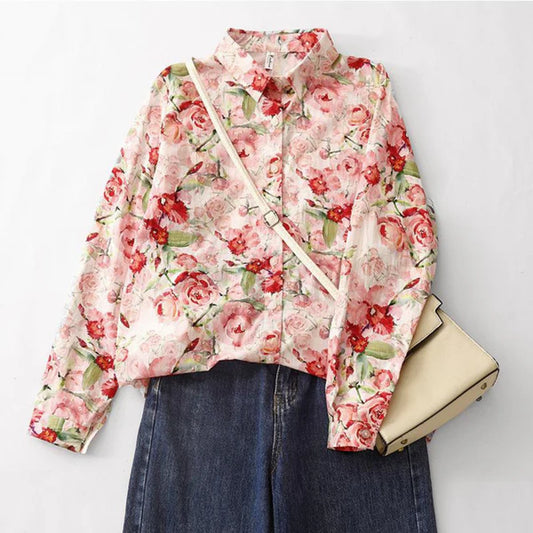 Rose Bloom Cotton Shirt – Elegant Floral Print, Full Sleeve Casual Wear