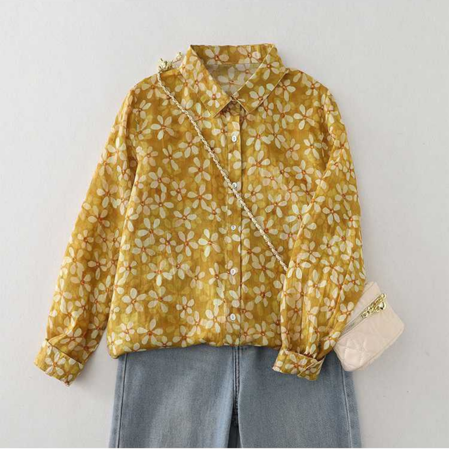 Golden Bloom Pure Cotton Shirt – Vintage Floral Print, Full Sleeve Casual Elegance