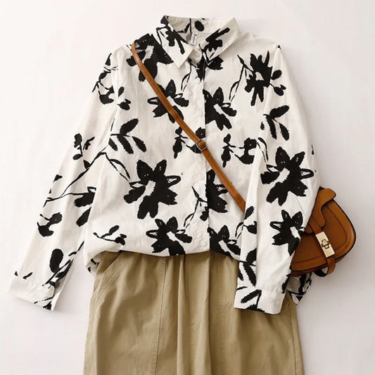 Pure Cotton Printed Black & White Floral Shirt