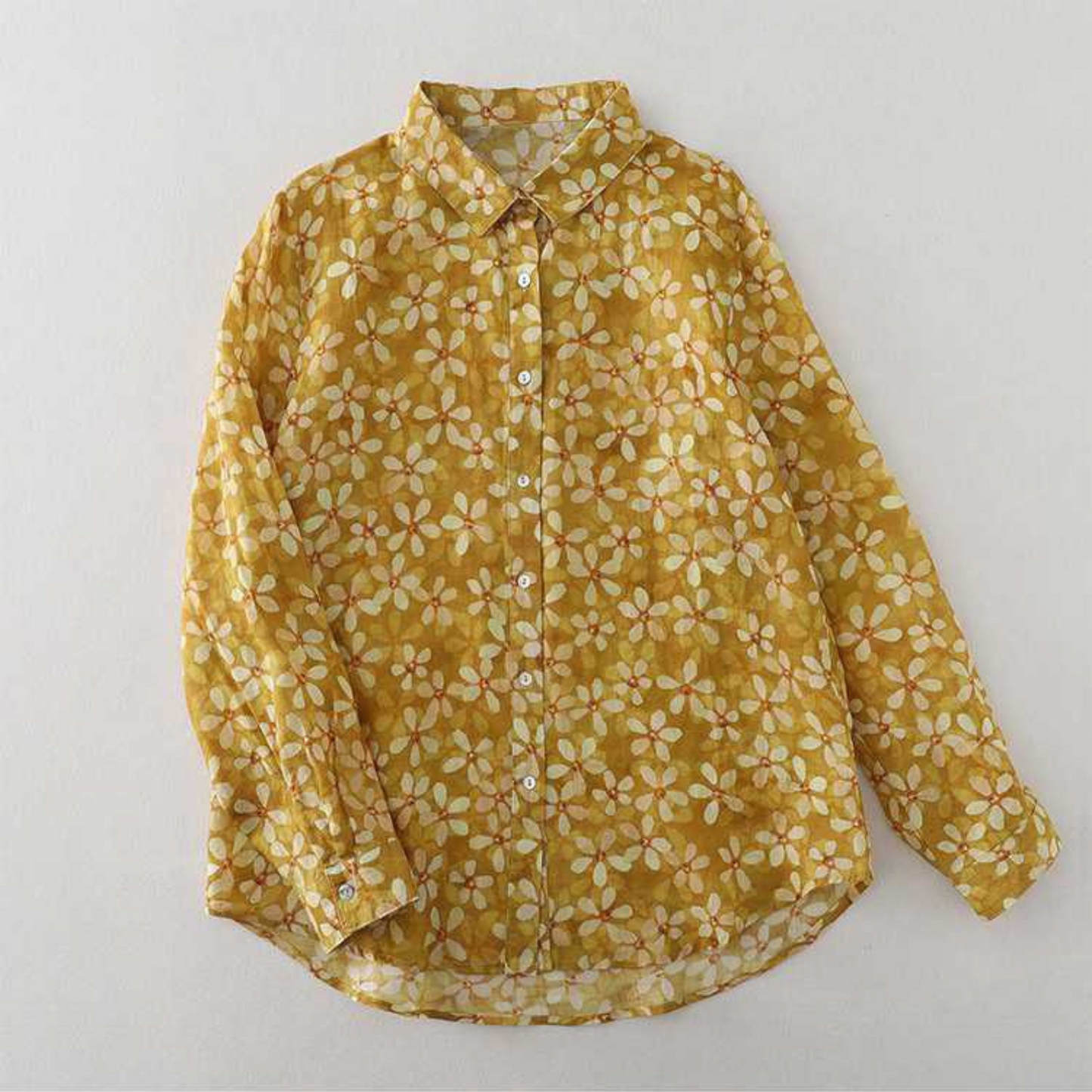 Golden Bloom Pure Cotton Shirt – Vintage Floral Print, Full Sleeve Casual Elegance