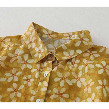 Golden Bloom Pure Cotton Shirt – Vintage Floral Print, Full Sleeve Casual Elegance