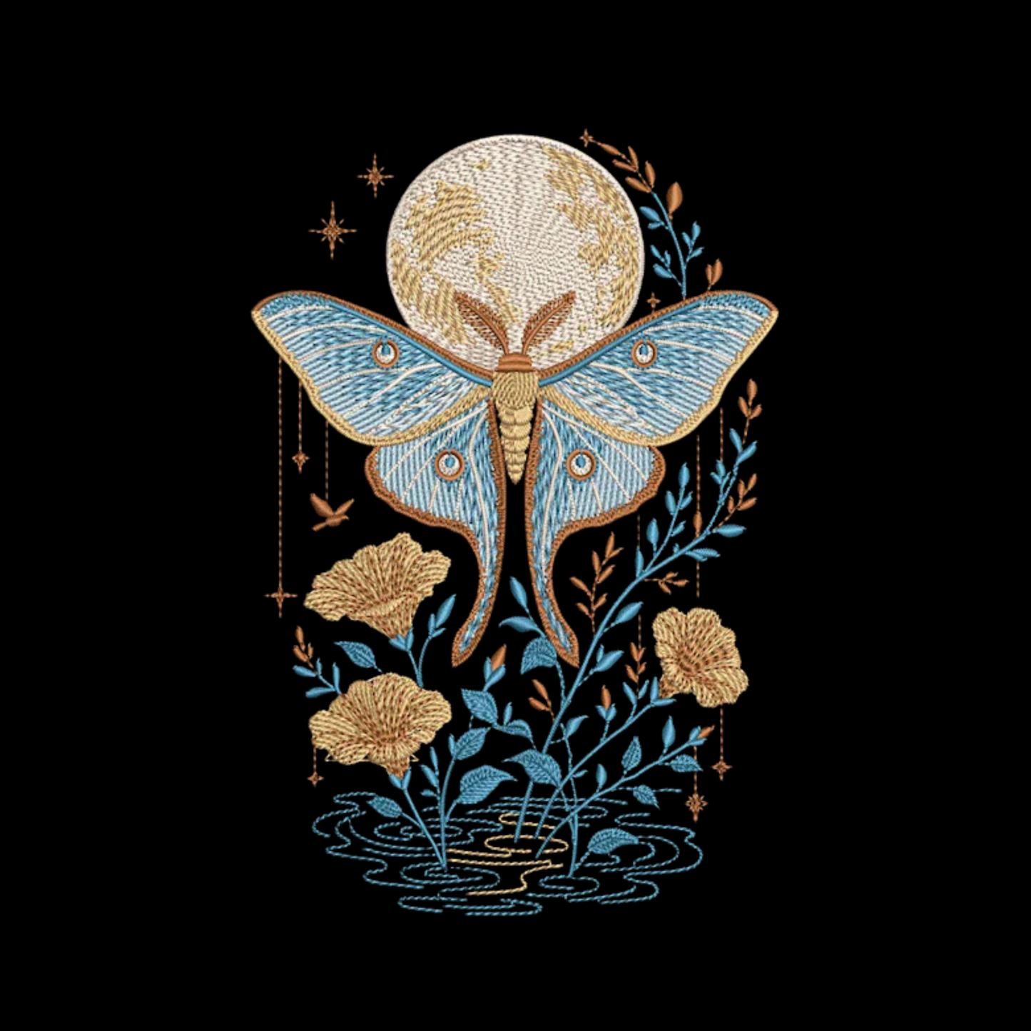 Blue Luna Moth Embroidered Oversized T-Shirt