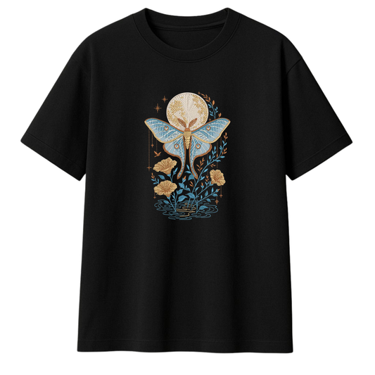 Blue Luna Moth Embroidered Oversized T-Shirt