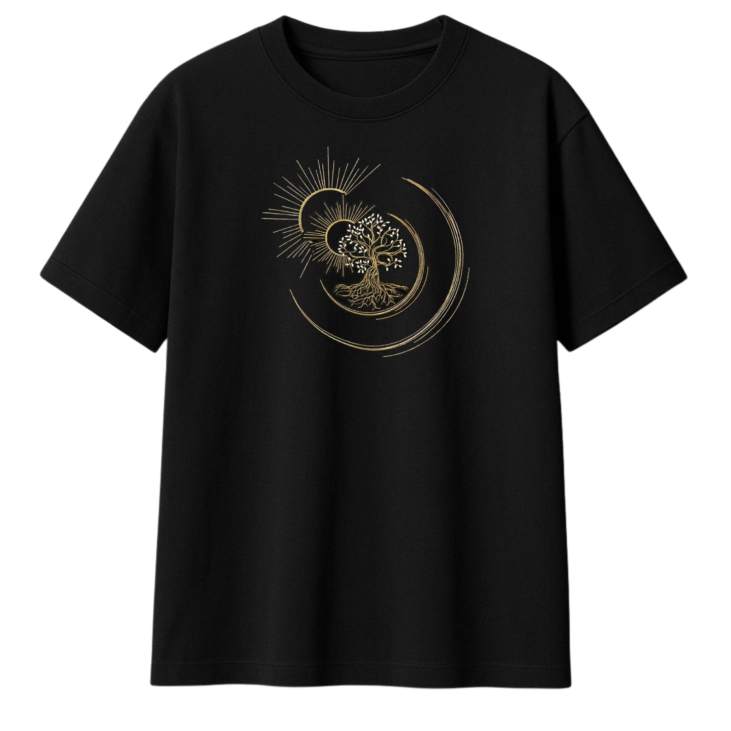 Golden Solstice Tree Embroidered Oversized T-Shirt