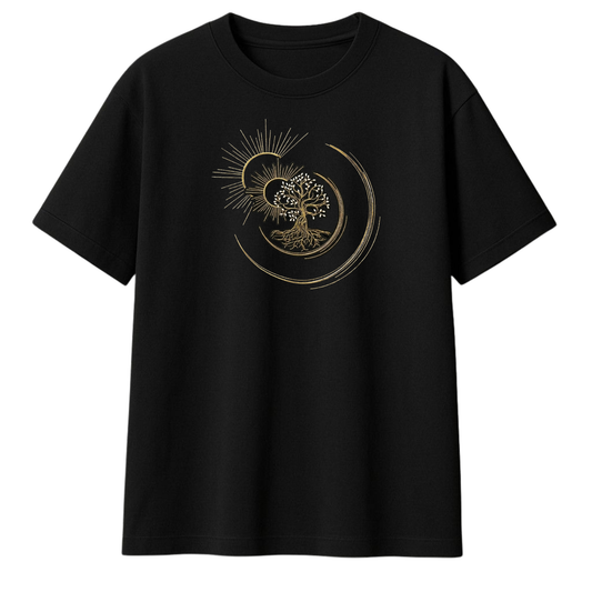 Golden Solstice Tree Embroidered Oversized T-Shirt
