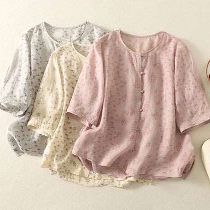 Women’s Pure Cotton Floral Print Shirt Short Sleeve Button-Front Casual Top