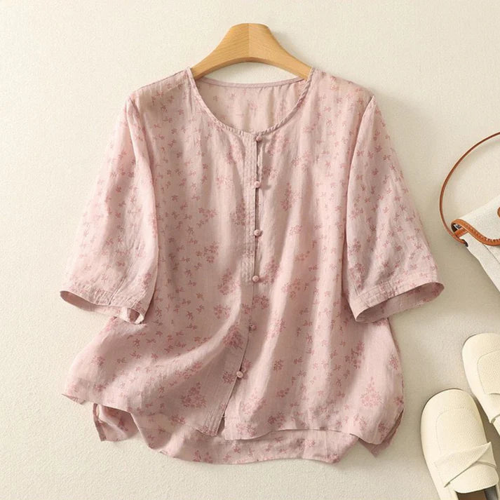 Women’s Pure Cotton Floral Print Shirt Short Sleeve Button-Front Casual Top