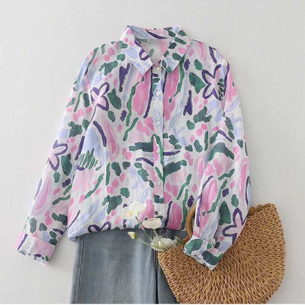 Abstract Floral Print Sheer Button-Up Pure Cotton Printed Shirt