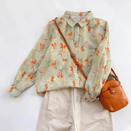 Vintage Floral Sheer Button-Up Shirt– Lightweight Long Sleeve Spring Shirt