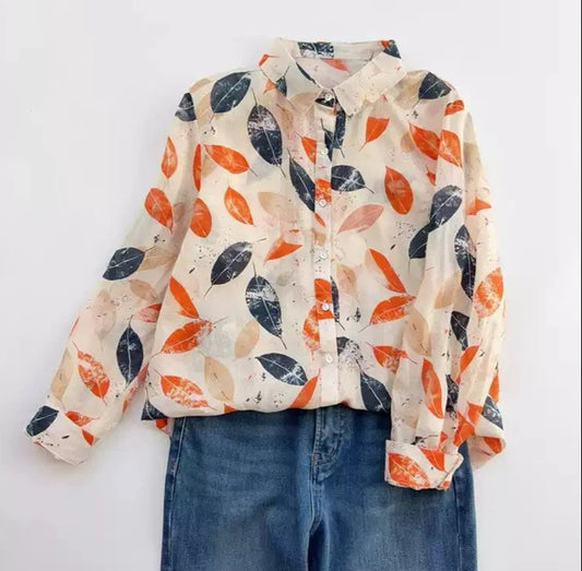 Elegant Leaf Print Button-Up Shirt – Perfect for Every Season