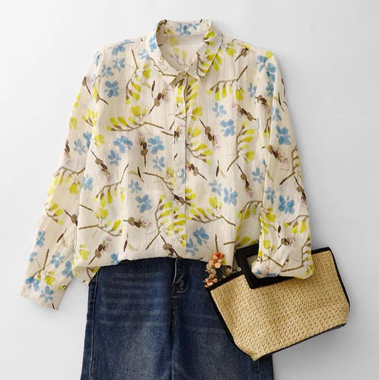 Autumn Leaf Print Button-Up Shirt – Lightweight & Stylish
