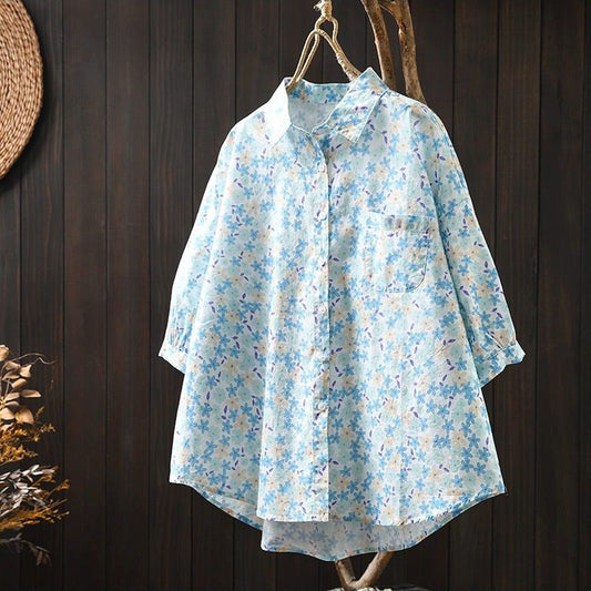 Blue Floral Print Pure Cotton Oversized Shirt for Women Loose Fit Boho Cotton Blouse